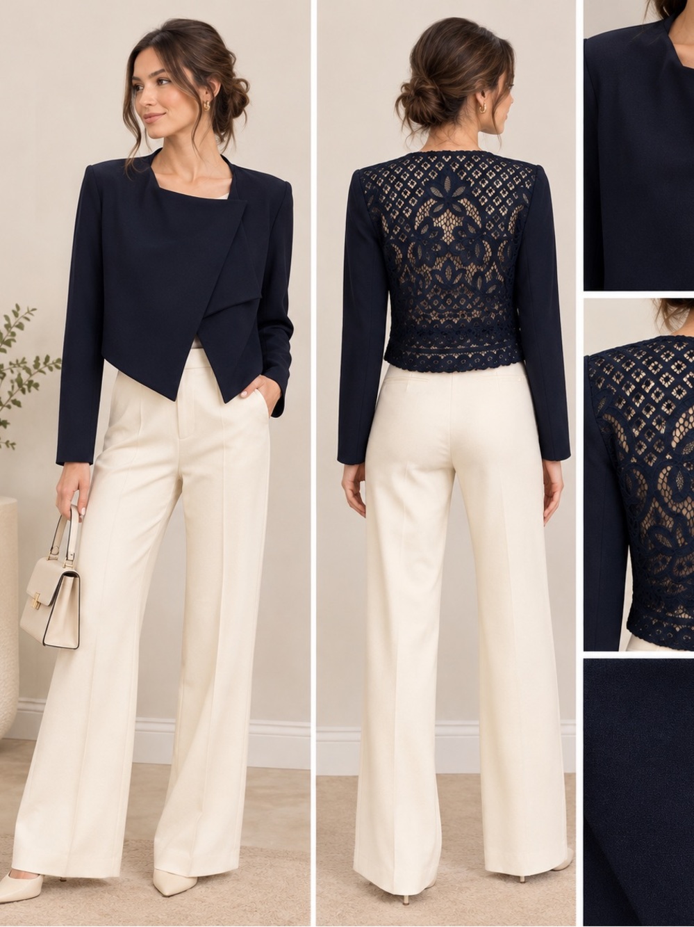 Women's Navy Lace-Back Cropped Blazer Jacket